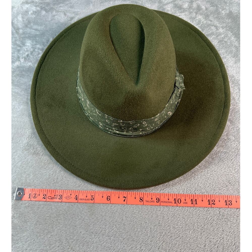 Olive Green Boho Wide Brim Hat Structured Crown Floral Band Western - Picture 6 of 6